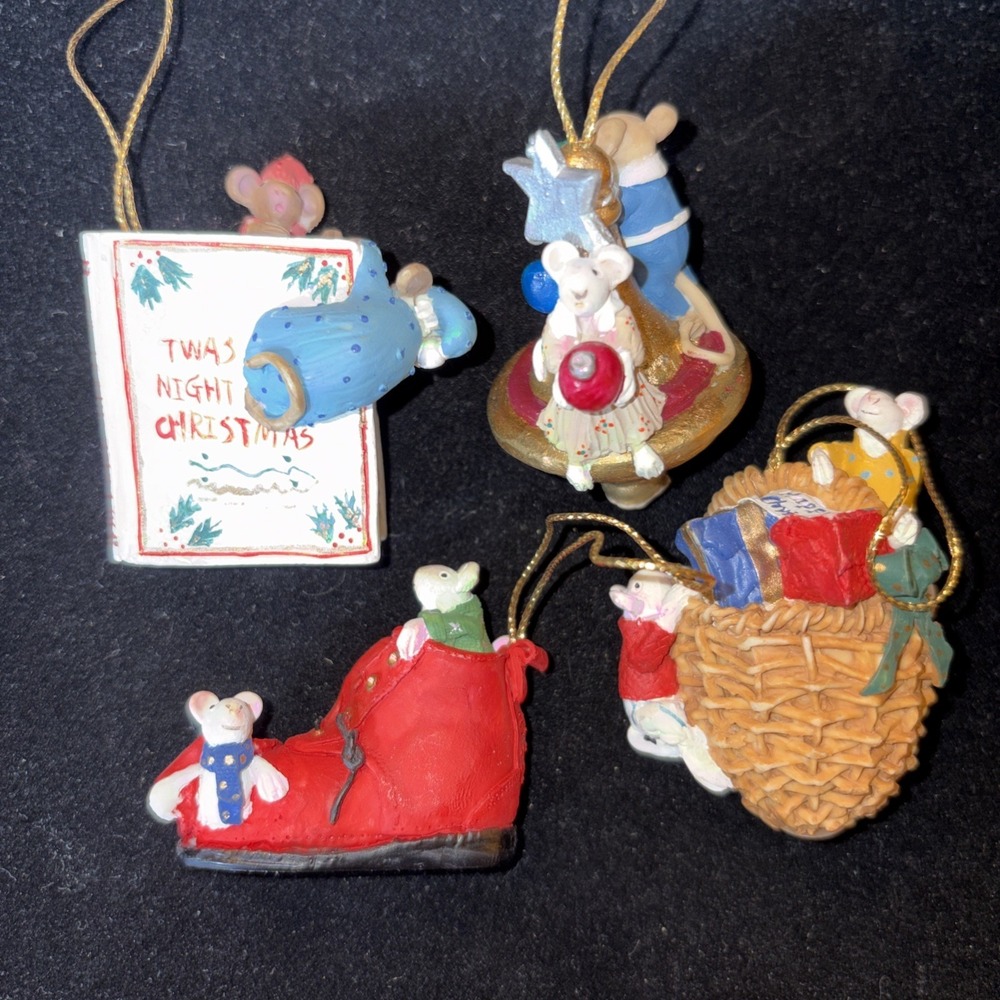 4 Pennywhistle Lane Mice Hanging Ornaments‎ - Book, Shoe, Basket, Toy Top